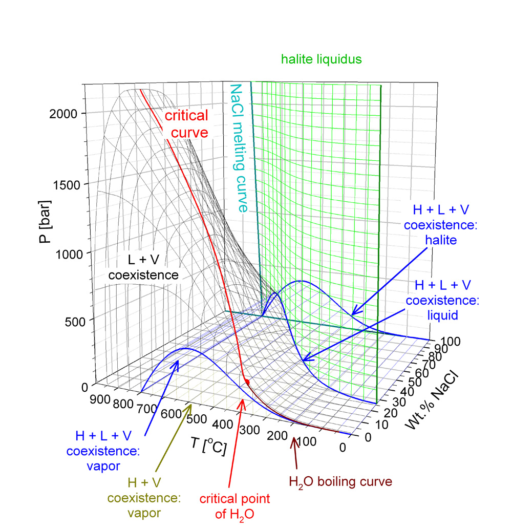 Enlarged view: Phase diagram of H2O-NaCl in temperature-pressure-composition space